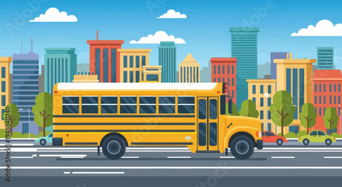 Yellow school bus driving on road with city skyline background and trees