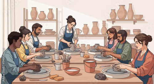 Diverse group of people learning pottery in a well-lit studio class