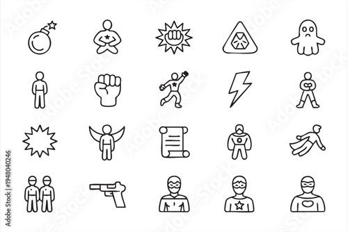Superhero comic line icon pack with hero avatar power symbols battle action and justice concept