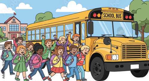 Happy Children Boarding School Bus for Education Adventure