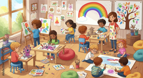 Children's Art Class: Diverse Kids Painting, Drawing, Sculpting with Teacher