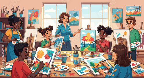 Art Class: Diverse Children Learning Painting with Teacher in Bright Studio
