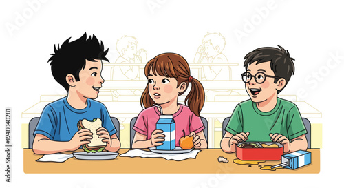 Diverse kids eating lunch together at school, talking and sharing