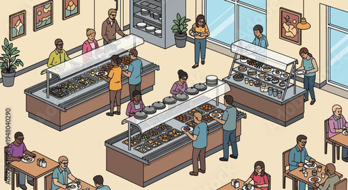 Isometric Buffet Restaurant Scene with Diverse People Serving Food