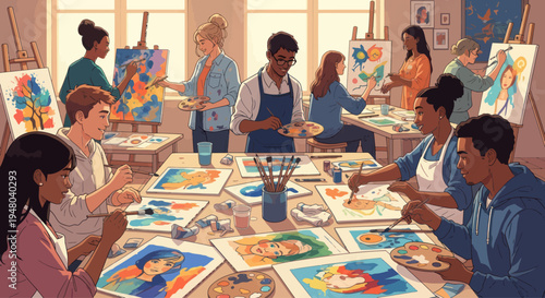 Diverse group of people enjoying a painting class, creating art together in a bright studio.