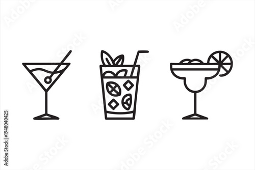 Cocktail and bar beverage outline icons with martini margarita mojito and citrus garnish