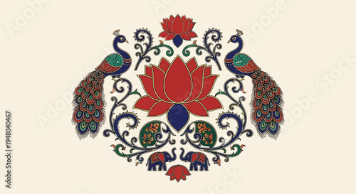 Intricate Indian floral motif featuring peacocks and elephants, a traditional decorative design element