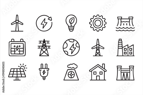 Sustainable renewable energy icon pack with wind turbines solar panels electricity grid and power plant elements