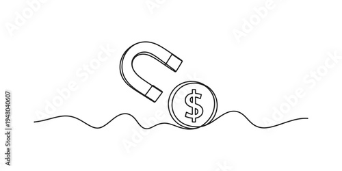 Continuous line drawing of a horseshoe magnet attracting a dollar coin on a wavy surface