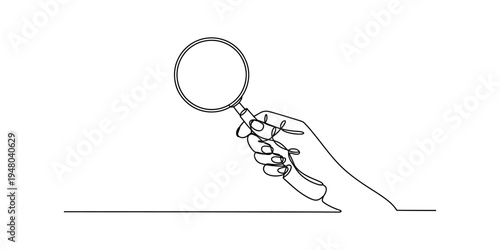 Continuous line drawing of a hand holding a magnifying glass for search and discovery concepts