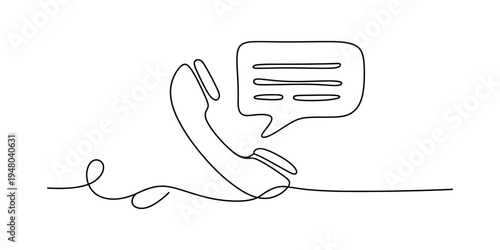 Continuous one line drawing of a telephone handset with a speech bubble for communication.