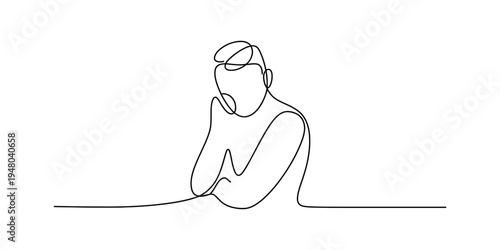 Continuous line drawing of a sad man sitting and thinking with his head on his hand.
