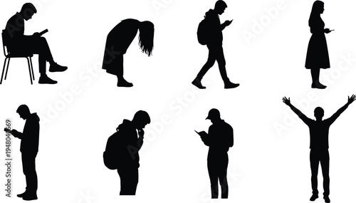 Black silhouettes of diverse people practicing yoga and fitness exercises in various poses isolated on a plain white background for wellness