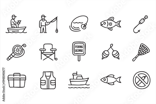 Fishing equipment line icons with rod reel hook boat fish tackle box and license symbols