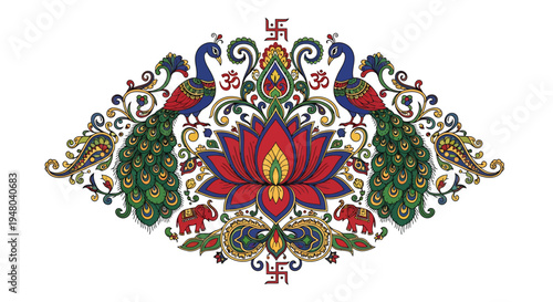 Traditional Indian Art with Peacocks, Elephants, and Lotus Flower Motif