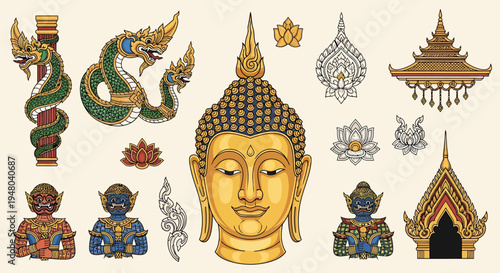 Vibrant collection of traditional Thai and Buddhist cultural symbols, featuring ornate golden Buddha head, mythical Naga serpents, guardian figures, and intricate architectural decorations