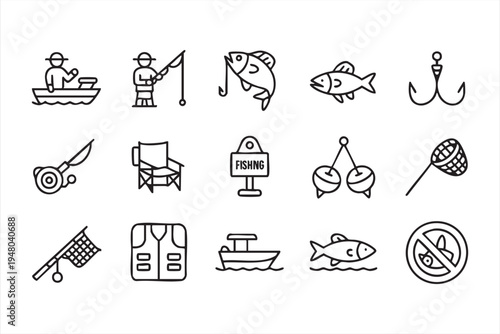 Angler fishing activity outline icon set with boat rod net tackle and marine sport elements