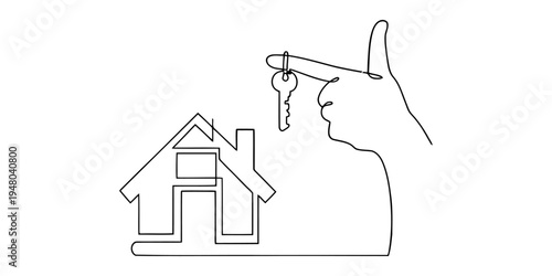 Continuous line drawing of a hand holding a key next to a house icon representing real estate.
