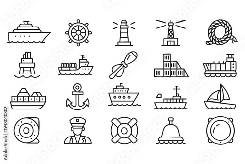 Marine shipping outline icons with cargo container ship anchor lighthouse and harbor navigation