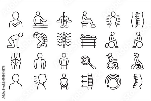 Medical spine and posture outline icon collection with chiropractic therapy rehabilitation and healthcare elements