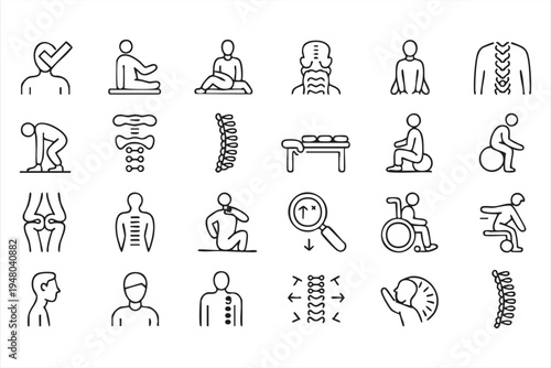 Back pain treatment line icons with spine anatomy physiotherapy posture correction and rehabilitation