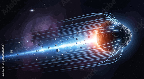 Dynamic celestial object traversing the cosmos, generating powerful energy fields and radiant light trails through the vast, dark expanse of space, depicting an interstellar phenomenon