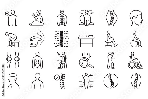 Orthopedic healthcare outline icons with spine vertebrae posture therapy and rehabilitation concepts