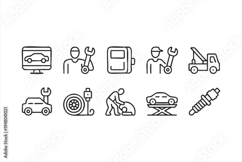 Car repair auto service line icons set with mechanic wrench towing tire and vehicle maintenance symbols