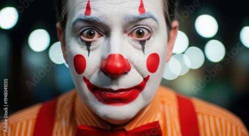 Close up of a clown's face with white makeup and red nose
