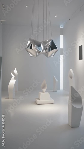 Modern art gallery interior with sculptures and pendant light fixture