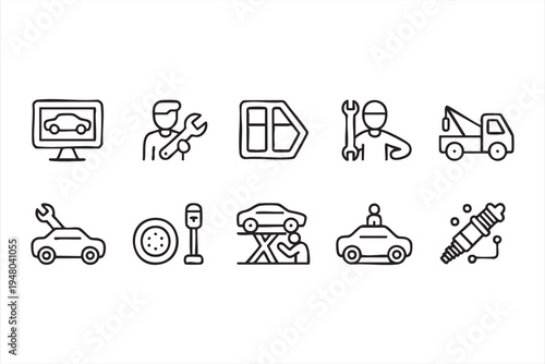 Vehicle maintenance line icons with car repair mechanic wrench tire inspection and suspension symbols