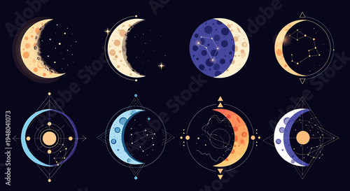 Celestial Moon Phases Collection Mystical Astrological Illustrations with Sparkle and Constellation Elements for Spiritual and Cosmic Design Projects