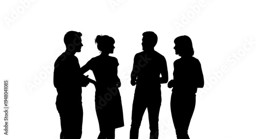 Four diverse individuals in silhouette engaged in dynamic conversation, symbolizing teamwork and professional interaction against a stark white background