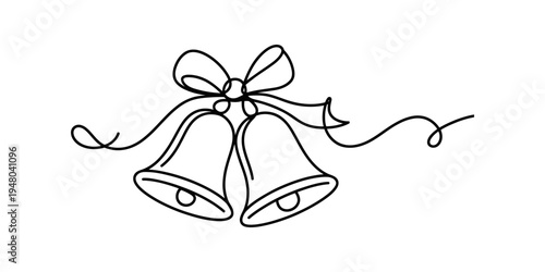 Continuous line drawing of two christmas bells with a decorative bow on a white background.