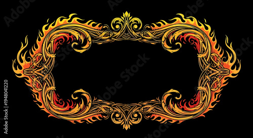 Ornate, decorative, flaming oval frame with intricate scrolling details, perfect for adding a bold, fiery embellishment to designs