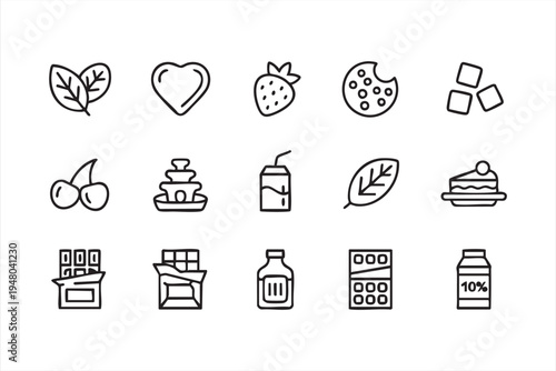 Dessert sweets line icons set with chocolate candy strawberry cake milk drink and confectionery symbols