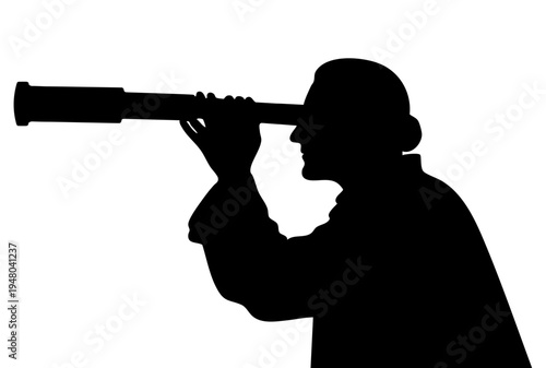 Silhouette of a vintage astronomer looking through a telescope
