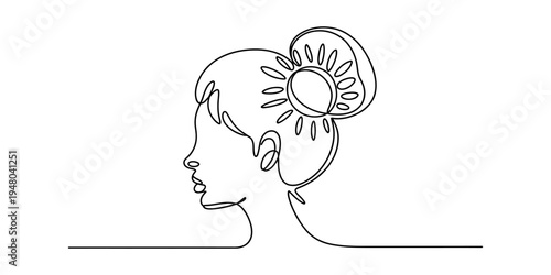 Continuous line drawing of a young woman's profile with a flower in her hair bun.