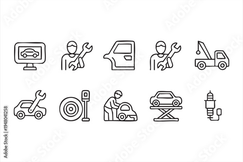 Auto repair garage icon set with mechanic tools car lift tow truck tire and vehicle service