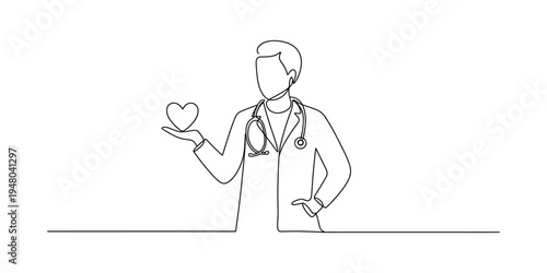 Continuous line drawing of a male doctor holding a heart symbol while wearing a stethoscope