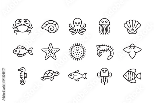 Marine biology outline icons with ocean animals crab fish jellyfish seahorse and seashell