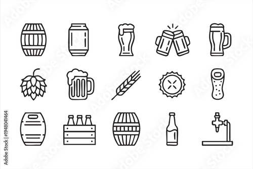 Craft beer outline icon collection with pint glass bottle keg hop barley and brewery elements
