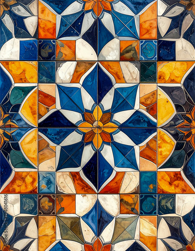Patrón geométrico inspirado en azulejos mediterráneos. Fondo decorativo colorido perfecto para diseño interior, arquitectura o fondos gráficos.