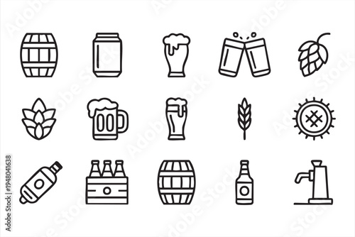 Craft beer brewery outline icon collection with pint glass bottle keg hop and barley elements