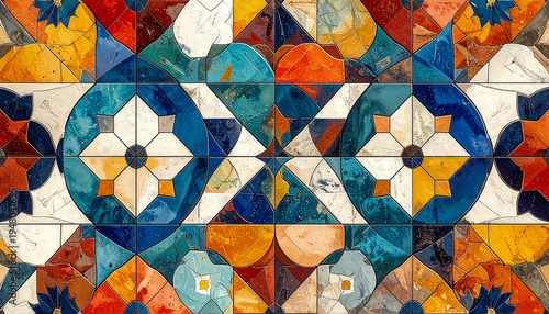 Patrón geométrico inspirado en azulejos mediterráneos. Fondo decorativo colorido perfecto para diseño interior, arquitectura o fondos gráficos.