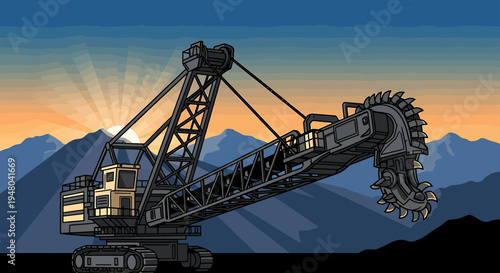 Gigantic industrial digging machine actively excavating precious materials from the earth, silhouetted by a vibrant sunrise over rugged mountain terrain