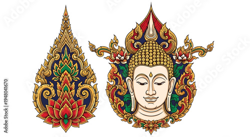 Traditional Thai Art Illustrations Sacred Buddha Face and Ornate Floral Motif in Intricate Golden Patterns, Reflecting Asian Cultural Heritage and Spiritual Decor