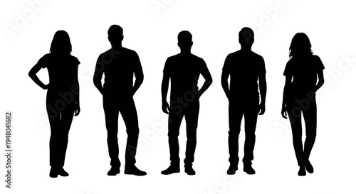 Diverse group of adult human silhouettes standing, perfect for various graphic design projects, digital avatars, and conceptual representations of people