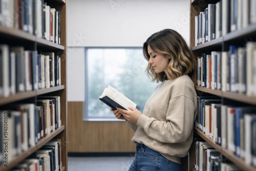 Wallpaper Mural Student reading book in quiet library aisle setting. Ai generative Torontodigital.ca