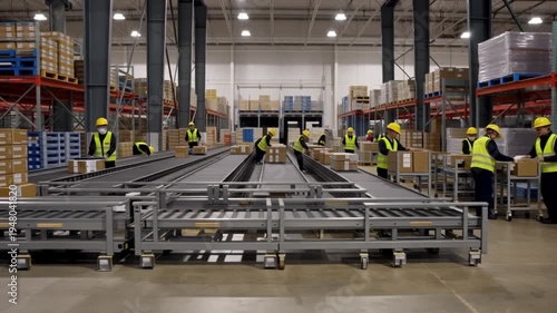 Warehouse workers in high vis vests on conveyor belt